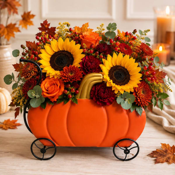 Pumpkin-shaped floral arrangement with sunflowers, roses, and mums in a cart container