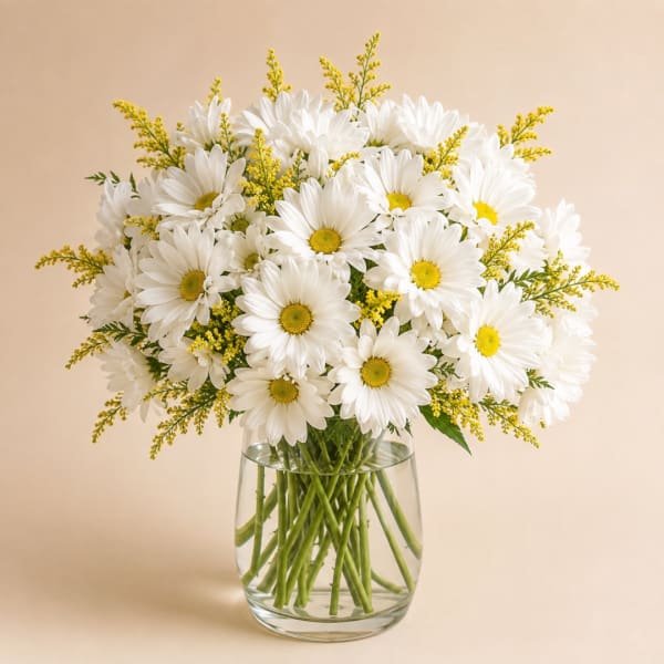 White daisies in a clear glass vase with yellow filler flowers