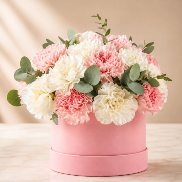Pink and white carnations arranged in a round pink box