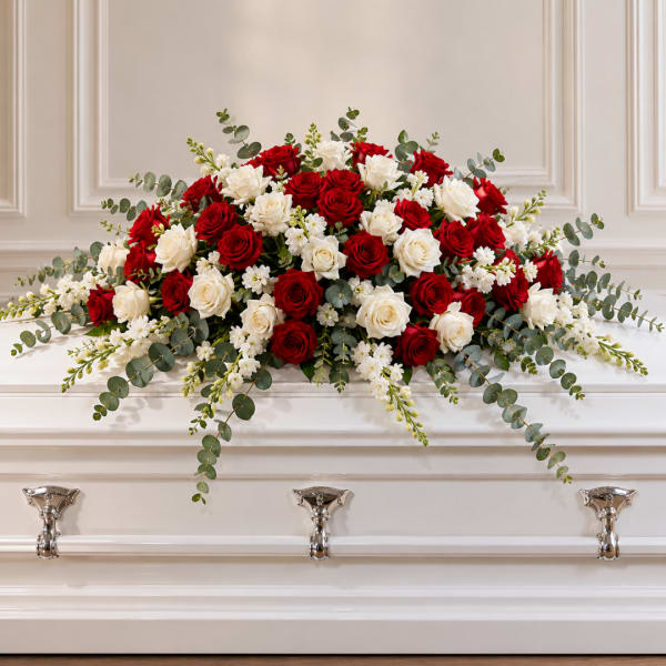 Red and white rose casket spray with eucalyptus and white filler flowers