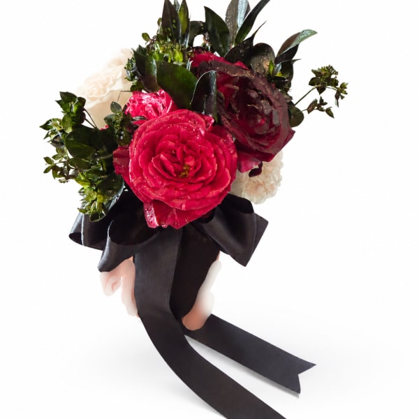 Handheld bouquet of pink and white roses with a black ribbon