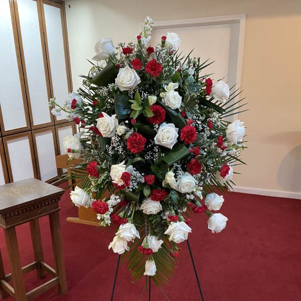 Traditional Red and White Sympathy Standing Spray