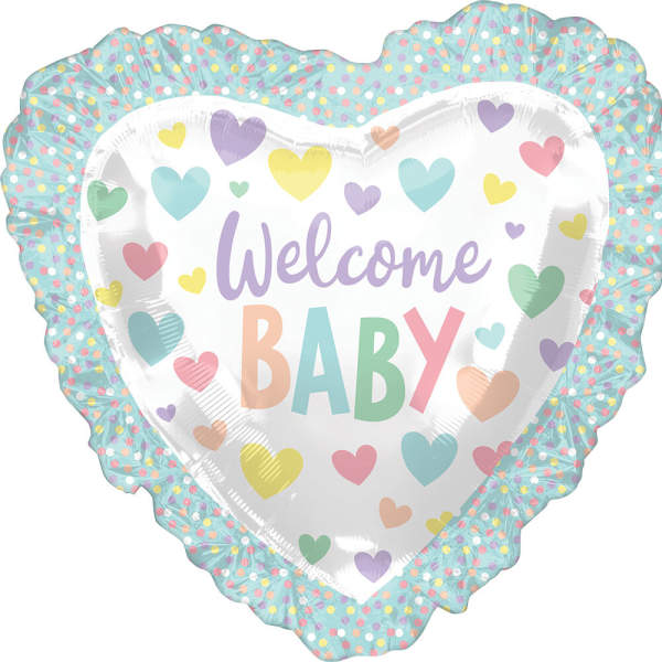 Heart-shaped balloon with "Welcome Baby" text and pastel hearts