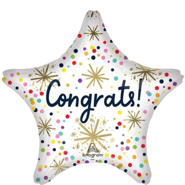 Star-shaped balloon with "Congrats!" text and confetti dots
