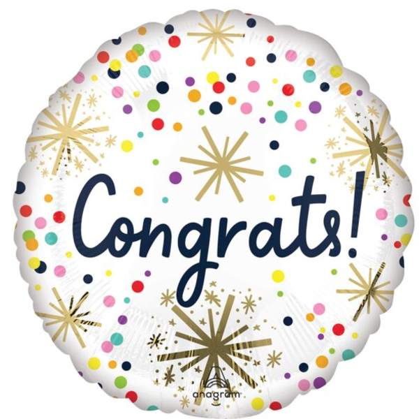 Round foil balloon with "Congrats!" text and confetti dots