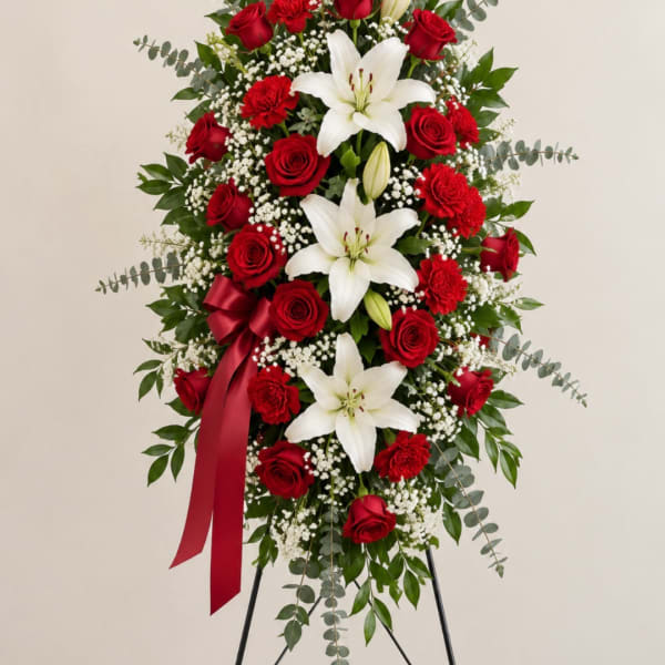 Standing floral spray with red roses, white lilies, and a burgundy ribbon