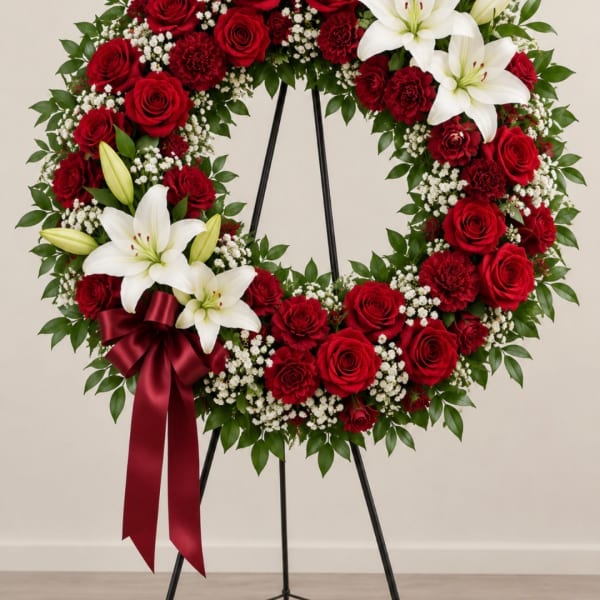 Red rose and white lily wreath on a stand with a burgundy ribbon