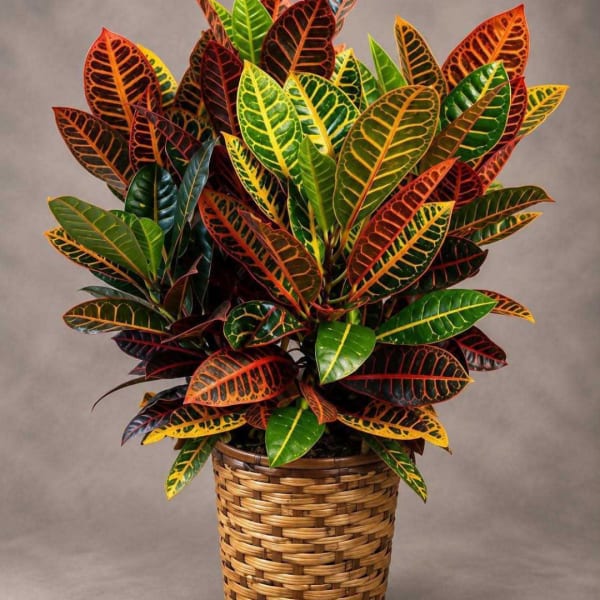 Colorful croton plant in a woven basket planter