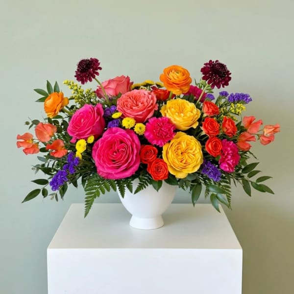 Colorful mixed flower arrangement in a white vase