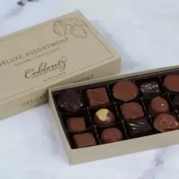 Box of assorted chocolates with the lid open