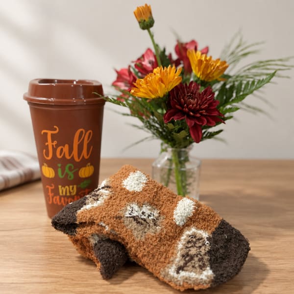 Fall-themed cup beside a small flower arrangement and folded blanket