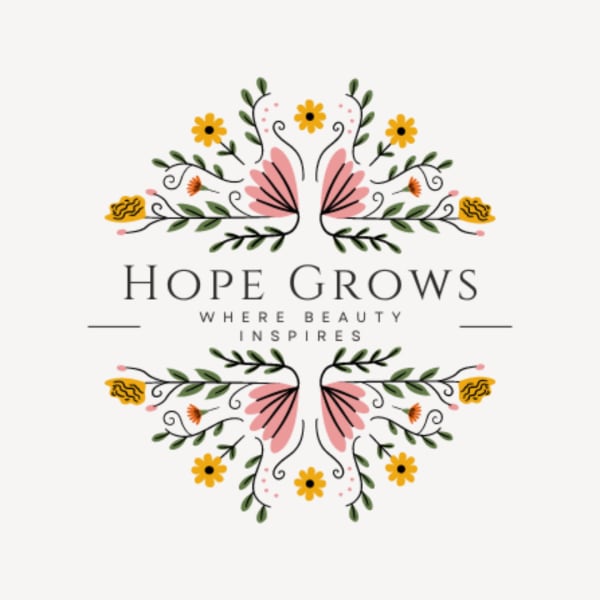 Decorative floral logo with the words Hope Grows