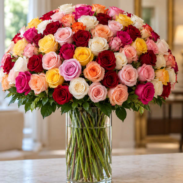 Large bouquet of multicolored roses in a clear glass vase