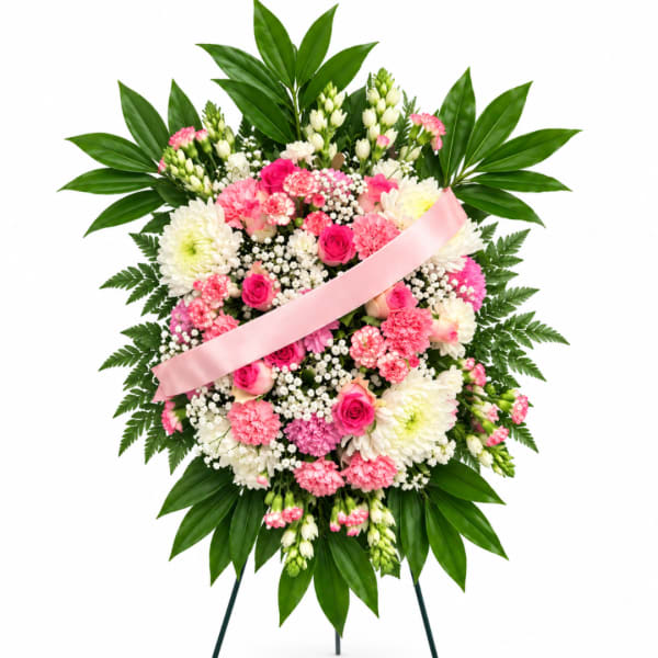 Pink and white floral standing spray with a pink ribbon