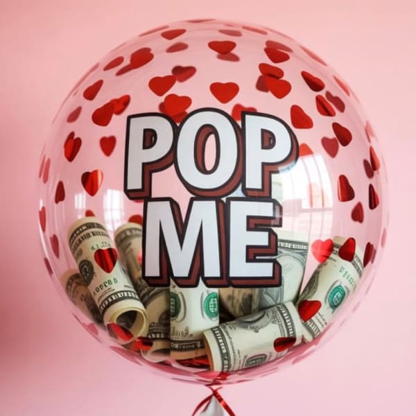Clear balloon with red hearts and rolled dollar bills inside, labeled POP ME.