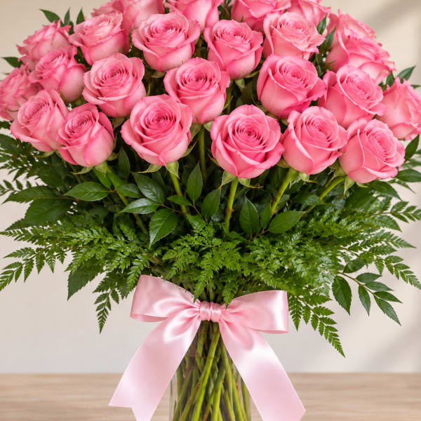 Pink roses arranged in a clear glass vase with a pink ribbon bow