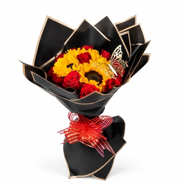 Bouquet of red roses and yellow sunflowers wrapped in black paper