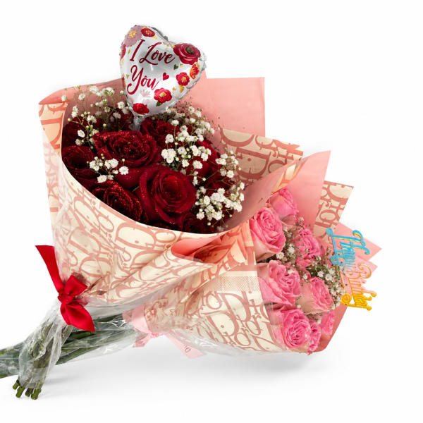 Two rose bouquets with a heart-shaped "I Love You" balloon
