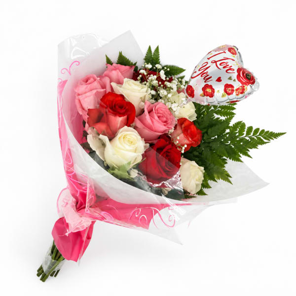 Bouquet of pink, red, and white roses with a heart balloon