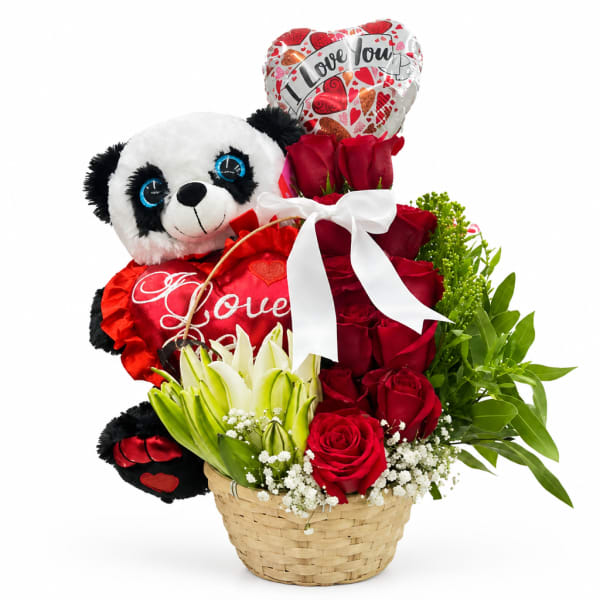 Red roses and lilies in a basket with a teddy bear and heart balloon