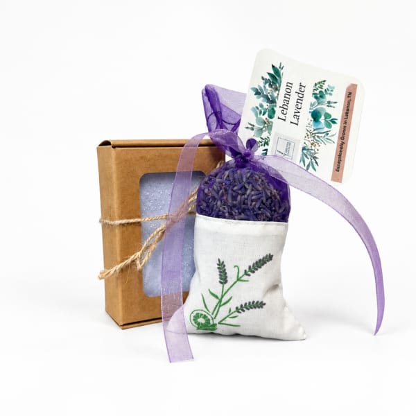 Lavender sachet gift set with a ribbon-tied pouch and box
