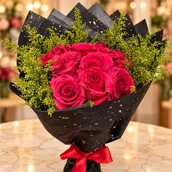 Bouquet of hot pink roses wrapped in black paper with a red ribbon