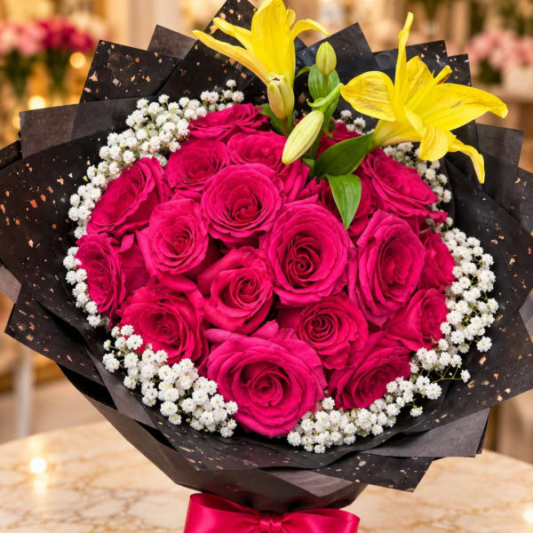 Bouquet of hot pink roses with yellow lilies and white filler flowers