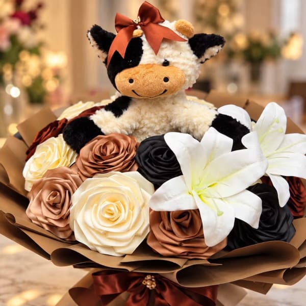 Plush cow sitting in a bouquet of roses and white lilies