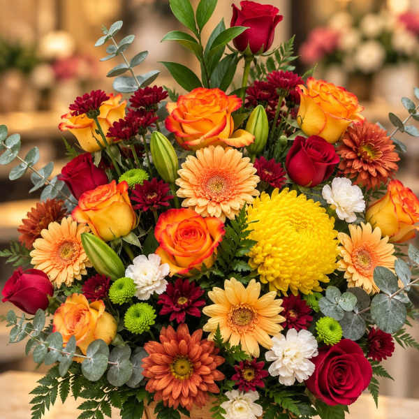 Mixed bouquet of roses, gerbera daisies, and chrysanthemums in a wooden basket