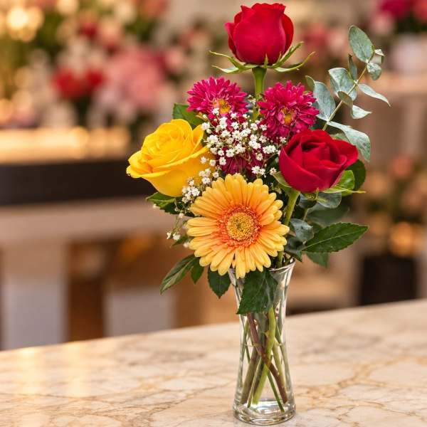 Mixed bouquet of roses, gerbera daisy, and mums in a clear glass vase