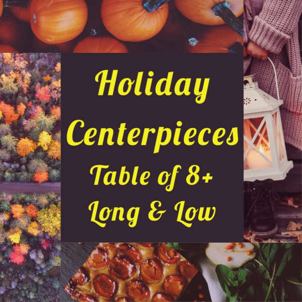 Holiday centerpiece collage with pumpkins, autumn florals, and a lantern