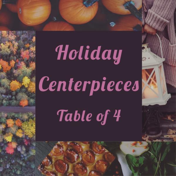 Holiday centerpiece collage with pumpkins, lanterns, and autumn decor