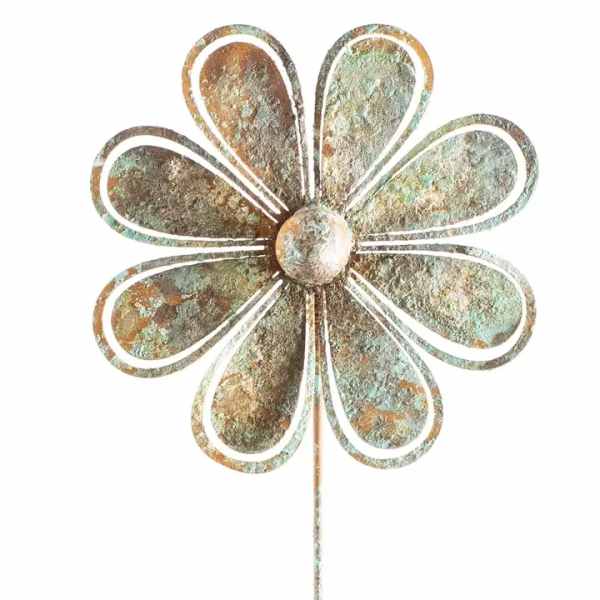 Metal flower wall decor with eight petals and a long stem