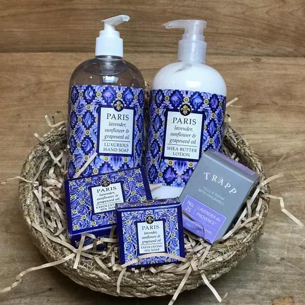 Gift basket with lavender soap, lotion, and a room fragrance box