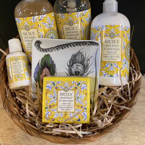 Spa gift basket with Sicily lemon body products and soap