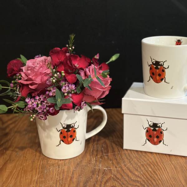 Pink and red flower bouquet in a ladybug mug beside matching gift boxes
