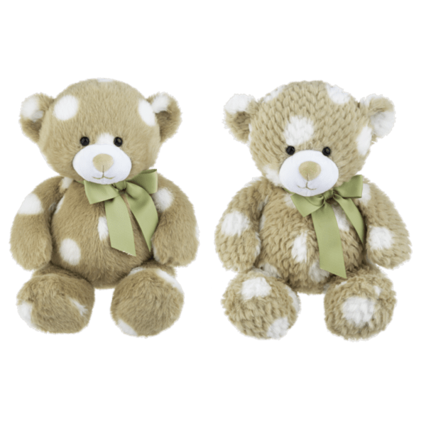 Two plush teddy bears with green bows on a plain background.