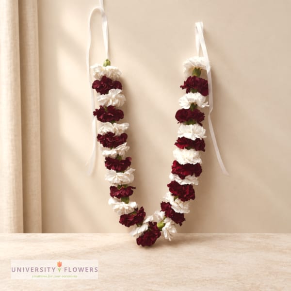 Two garlands of red and white carnations with ribbon ties hang against a beige wall.