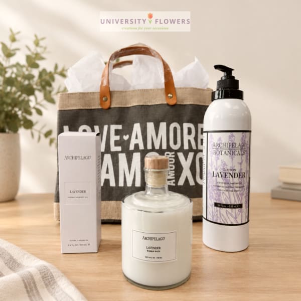 Lavender bath and body gift set with a tote bag and lotion bottle