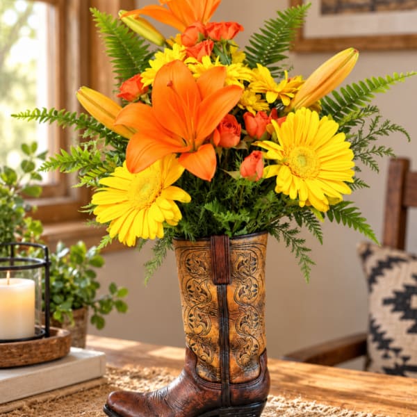 Orange and yellow flowers arranged in a cowboy boot vase