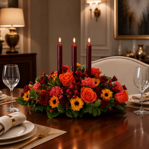 Low floral centerpiece with lit burgundy candles on a dining table