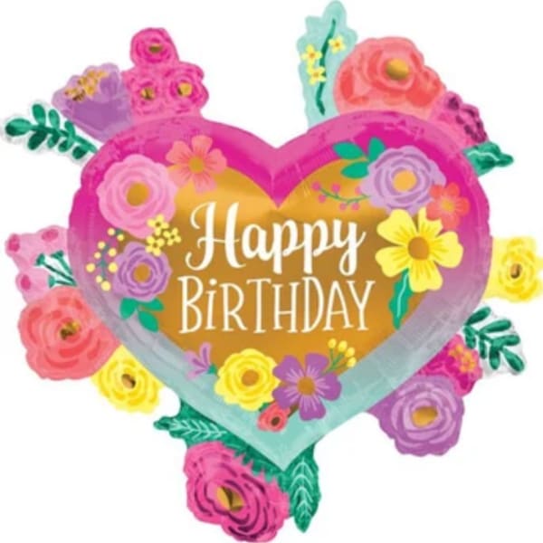 Heart-shaped birthday balloon with colorful floral decorations