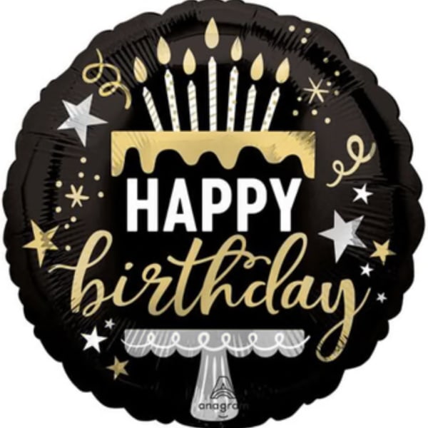 Black birthday balloon with candles and gold lettering