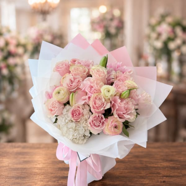 Pink and white bouquet of roses and ranunculus wrapped in pastel paper
