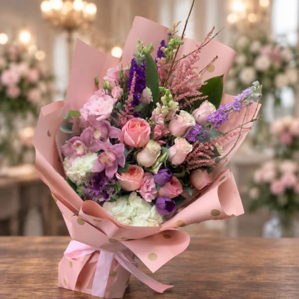 Pink and purple mixed bouquet wrapped in pink paper with a ribbon