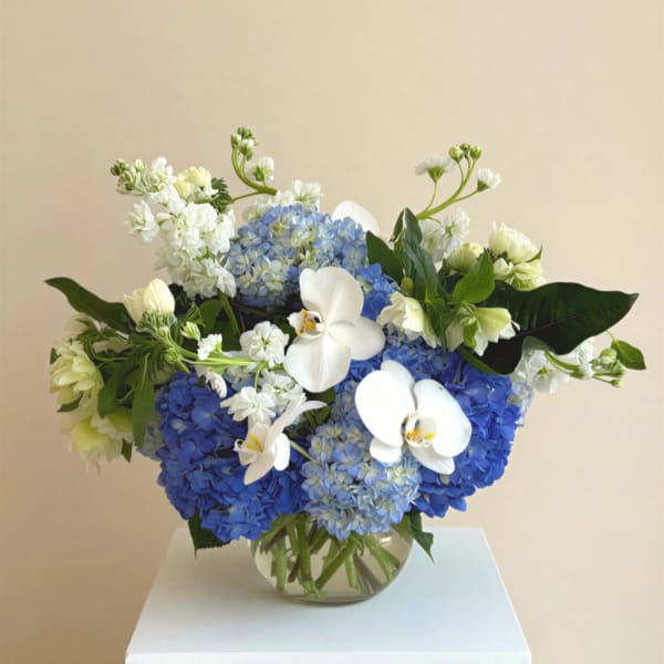 Blue hydrangeas and white orchids in a clear glass vase