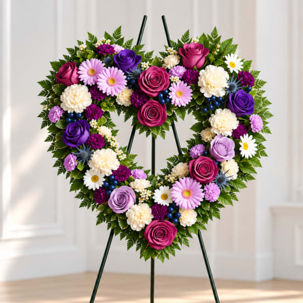 Heart-shaped floral wreath on an easel with pink, purple, and white flowers