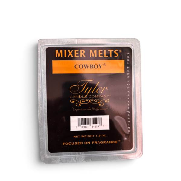 Packaged Cowboy scented wax melts in a plastic clamshell