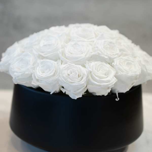 White Roses in Round White Container