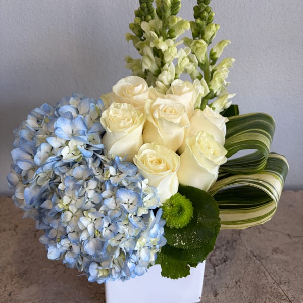 Blue hydrangeas, cream roses, and white snapdragons in a white vase